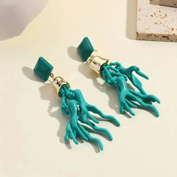 Turquoise Teal Coloured Resin Statement Earring - Coral Branches with beads- NEW - Picture 3 of 3